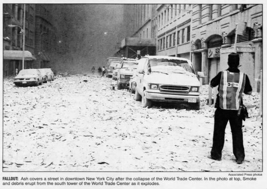Ash covers a street in downtown New York City